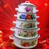 White enamel pot stacked set with floral patterns, a retro home cookware Specification image